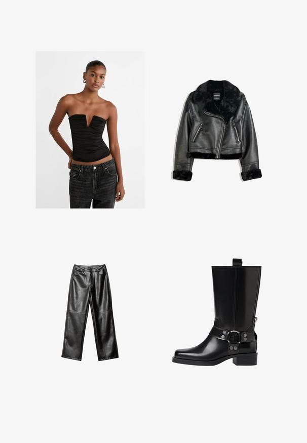 Musta keinonahkainen biker-takki, jossa on ylellinen turkiskaulus, hihansuut ja helma. Takissa on viisto vetoketju ja kaksi vetoketjullista etutaskua.; Musta olkaimeton yläosa syvällä V-aukolla ja rypytetyllä pinnalla. Yhdistetty korkeavyötäröisten tummansinisistä farkuista, joissa on nappisuljenta ja etutaskut.; Mustat nahkaiset leveälahkeiset housut, joissa on sileä pinta, viiden taskun muotoilu ja ommeltu yksityiskohtia lahkeissa ja vyötäröllä.; Musta nahkasaapas polven yläpuolelle, jossa on terävä kärki, hopeiset solkiyksityiskohdat ja paksu korko. Varustettu vetotapilla helppoa pukemista varten.