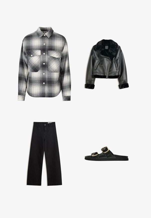 Musta keinonahkainen biker-takki, jossa on ylellinen turkiskaulus, hihansuut ja helma. Takissa on viisto vetoketju ja kaksi vetoketjullista etutaskua.; Ruudullinen flanellipaita musta, valkoinen ja harmaa. Ominaisuuksiin kuuluu nappikiinnitys edessä, kaksi rintataskua ja pitkät hihat nappiommeilla.; Mustat leveät farkut korkealla vyötäröllä, joissa on etu- ja takataskut, ommellut saumat ja nappisuljenta. Silkinoinen rakenne.; Musta liukusandaali, jossa on kaksi kultaisesta solkesta tehtyä korostusta, sileäpintainen materiaali, litteä pohja ja minimalistinen muotoilu.