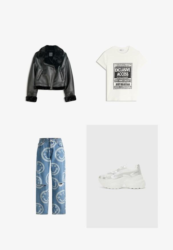 Fekete műbőr motoros dzseki bolyhos szőrme gallérral, mandzsettákkal és aljjal, átlós cipzárral és két cipzáros elülső zsebbel.; Fehér póló fekete felirattal, amely egy zenei eseményt népszerűsít, benne az "Exkluzív Hozzáférés", "Rock Indie Koncertek" és "Szupersztár Zenei Élmény" szöveggel.; Világoskék farmernadrág, laza fazonnal, ismétlődő mosolygós arc és logó mintázattal, térdnél koptatott részletekkel.; Ezüst színű sportcipő, texturált hálós felsőrésszel és irizáló díszítésekkel, tömbös fehér talppal és fűzős záródással.