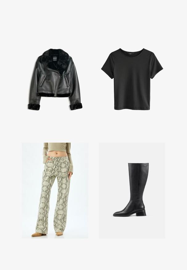 Schwarze Kunstleder-Bikerjacke mit plüschigem Fellkragen, -manschetten und -saum, diagonalem Reißverschluss und zwei Reißverschlusstaschen vorne.; Schwarzes T-Shirt mit kurzen Ärmeln und Rundhalsausschnitt. Aus weichem Stoff gefertigt, mit glatter Textur und einfachem, minimalistischem Design.; Weite Hosen mit einem hellgrünen und grauen Schlangenmuster. Sie bestehen aus einem strukturierten Stoff, haben Seitentaschen und einen Knopfverschluss.; Schwarze Lederstiefel bis zur Knee mit abgerundeter Spitze und niedrigem Blockabsatz. Verfügt über eine glatte Oberfläche und minimale Nahtdetails.