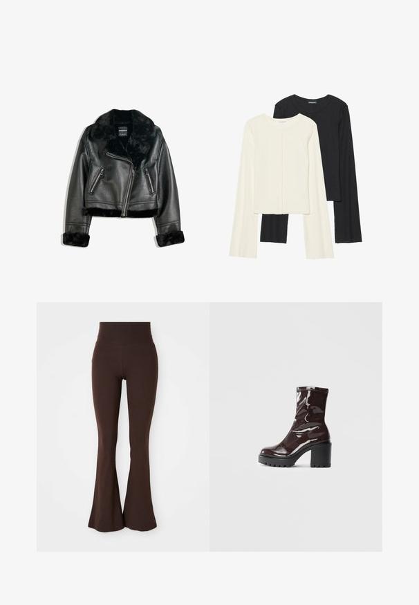 Black faux leather biker jacket with plush fur collar, cuffs, and hem, featuring diagonal zipper and two zippered front pockets.; Set of two long-sleeve tops in white and black. Ribbed texture, round neck, fitted design with slightly flared sleeves.; Brown flared leggings made from soft, stretchy fabric, featuring a high waistband and a fitted silhouette that flares at the ankle.; Glossy burgundy ankle boot with a chunky black heel, featuring a smooth texture and simple design. No visible fastenings or patterns.