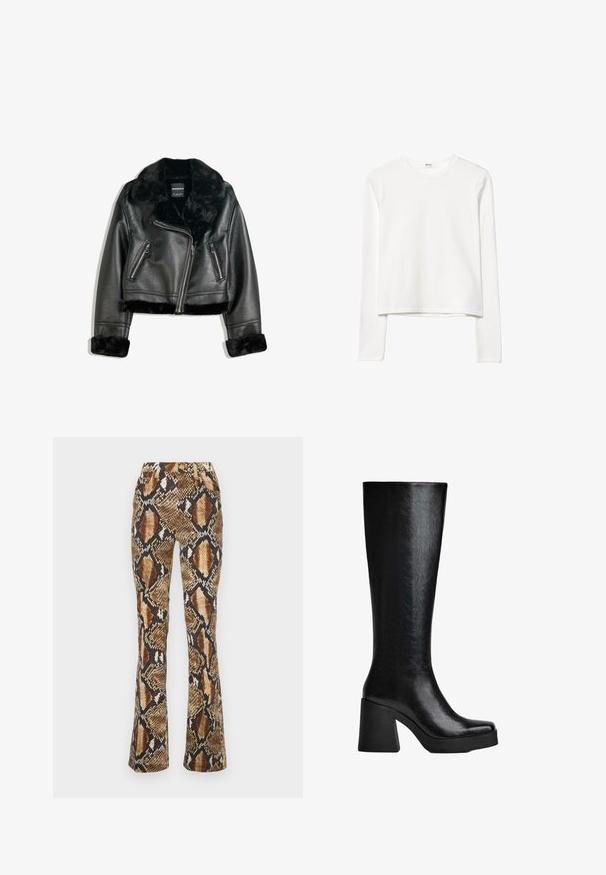 Černá faux kožená motocyklová bunda s plyšovým límcem, manžetami a spodním lemem, s šikmým zipem a dvěma zipovými předními kapsami.; Bílý dlouhý rukáv bavlněný top s kulatým výstřihem, zkrácený střih, hladká textura a minimalistický vzhled. Žádné viditelné logo nebo vzory.; Roberto Cavalli TROUSERS - Džíny Slim Fit - brown; Černé vysoké kozačky vyrobené z texturovaného syntetického materiálu, se čtveratou špicí, širokým vysokým podpatkem a hladkým, elegantním povrchem.