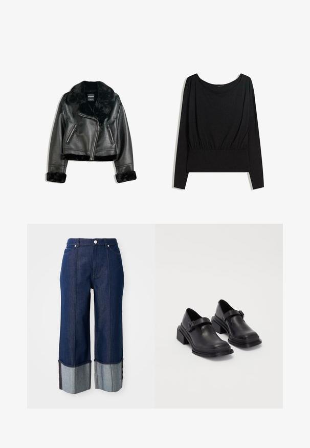 Fekete műbőr motoros dzseki bolyhos szőrme gallérral, mandzsettákkal és aljjal, átlós cipzárral és két cipzáros elülső zsebbel.; Fekete, hosszú ujjú felső széles nyakkivágással, ráncolt derékrésszel és sima textúrával. Egyszerű dizájn, minták és jellegzetes kiegészítők nélkül.; Sötétkék, bő szabású farmernadrág, felhajtott szárakkal, amelyek világosabb farmerot mutatnak, elől gombbal és zsebekkel, fehér háttér előtt.; Fekete bőr cipők lekerekített orral, lapos talppal és csattal díszített pánttal. Masszív blokk talp a megnövelt stabilitásért.