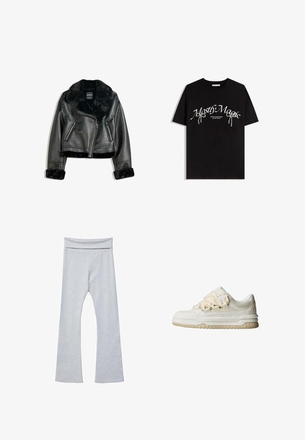Schwarze Kunstleder-Bikerjacke mit plüschigem Fellkragen, -manschetten und -saum, diagonalem Reißverschluss und zwei Reißverschlusstaschen vorne.; Schwarzes Baumwoll-T-Shirt mit dem Aufdruck "Mostly Magic" in Weiß, verziert mit dekorativen Perlenakzenten. Kurze Ärmel, lässige Passform, Rundhalsausschnitt.; Graue, ausgestellte Leggings mit einem breiten, weichen Bündchen, aus einem glatten, dehnbaren Stoff. Sie haben eine figurbetonte Form und einen knöchellangen Schnitt.; Low-Top-Sneaker aus offweißem Leder mit Mesh-Akzenten, dicken Schnürsenkeln, gepolsterter Sohle und strukturierten Details am Obermaterial.