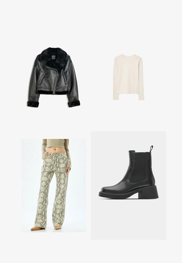 Black faux leather biker jacket with plush fur collar, cuffs, and hem, featuring diagonal zipper and two zippered front pockets.; Light beige long-sleeve top made of soft fabric, featuring a round neck and a relaxed fit with straight hem and minimal stitching detail.; Wide-leg trousers feature a light green and gray snake print pattern. Made of a textured fabric, they have side pockets and a button closure.; Black leather ankle boots with elastic side panels, rounded toe, and a chunky block heel. Smooth texture with a minimalistic design.