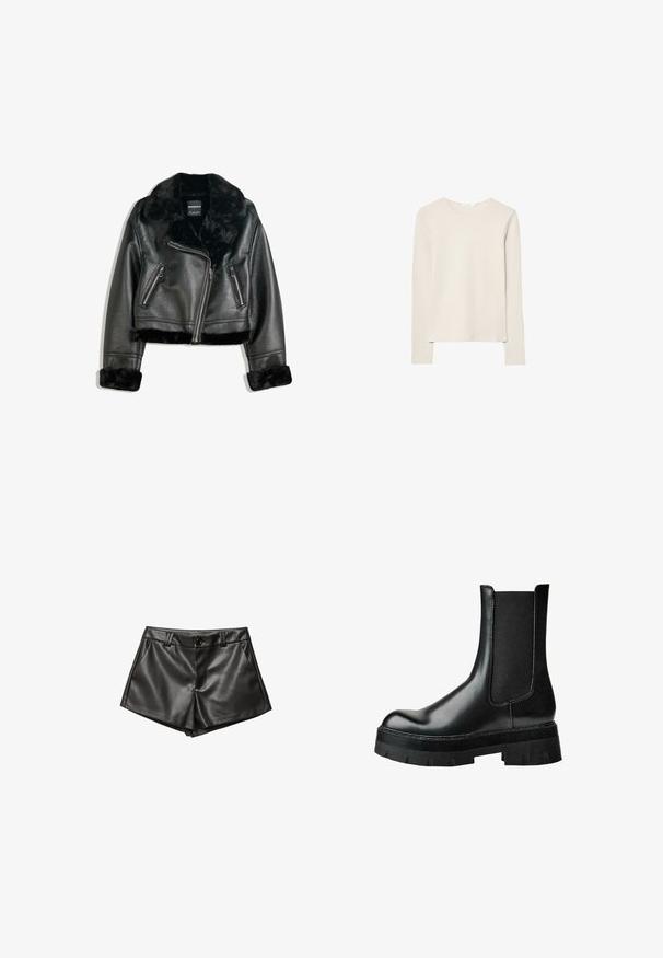 Giacca da motociclista in finta pelle nera con colletto, polsini e bordo in pelliccia morbida, caratterizzata da una zip diagonale e due tasche frontali con zip.; Maglietta a maniche lunghe beige chiaro in tessuto morbido, con scollo rotondo e vestibilità comoda, orlo dritto e dettagli di cucitura minimi.; Pantaloni corti neri in pelle con un design sartoriale, tasche laterali, chiusura frontale con bottone e una texture liscia e lucida.; Stivaletto alla caviglia in pelle nera con pannello elastico laterale, punta tonda, suola piattaforma spessa e tomaia strutturata per una maggiore aderenza.