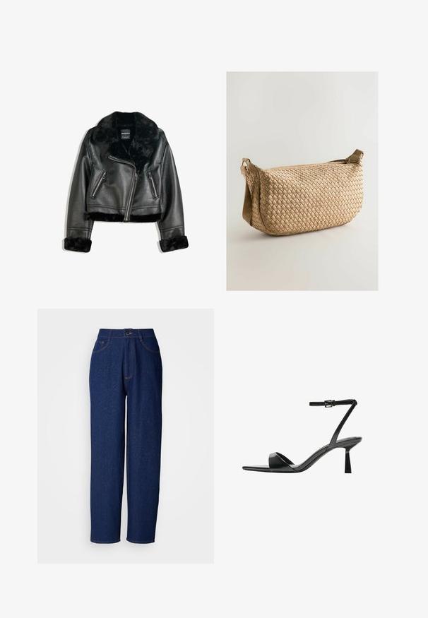 Fekete műbőr motoros dzseki bolyhos szőrme gallérral, mandzsettákkal és aljjal, átlós cipzárral és két cipzáros elülső zsebbel.; Fekete pamut póló rövid ujjal, fehér kézírásos szövegtervezettel az elején. Kerek nyakú, laza fazonú, sima tapintású.; Sötétkék farmer széles lábú nadrág magas derékkal, narancssárga varrásokkal, elölt zsebekkel és gombos záródással. Sima textúra, finom foltokkal.; Bershka Magas sarkú szandálok - black; Bézs színű, ívelt formájú, szőtt táska, zip zárással, állítható pánttal és kosárfonás mintázatú, texturált felülettel.