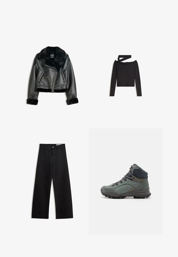 Crna jakna od umjetne kože s bikerskim stilom, s plišanom kragnom, manžetama i rubom, s dijagonalnim patentnim zatvaračem i dva patentna zatvarača na prednjim džepovima.; Crni dugi rukavi crop top s dizajnom bez ramena i asimetričnim detaljem trake s jedne strane.; Crne široke traperice s visokim strukom, s prednjim i stražnjim džepovima, šivenim šavovima i kopčanjem na gumb. Glatka tekstura.; Zelene planinarske cipele s sivim detaljima i crnim gumiranim potplatom. Karakteristike uključuju podstavljeni okovratnik, okrugle vezice i teksturirani gornji deo.