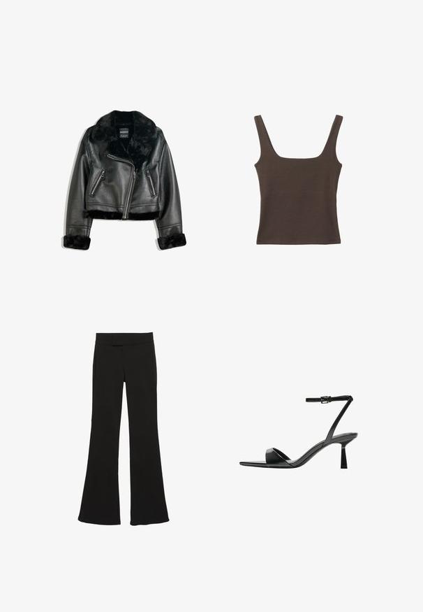 Čierna koženka biker bunda s plyšovým golierom, manžetami a lemom, s diagonálnym zipsom a dvoma zipsovými prednými vreckami.; Hnedý bezrúškový top so štvorcovým výstrihom, vyrobený z mäkkého, elastického materiálu. Má priliehavý strih a ploché švy.; Čierne rozšírené nohavice z hladkej tkaniny, s pásom v strede výšky a bočnými vreckami, s čistým, strihaným siluetom.; Bershka Sandále na vysokom opätku - black