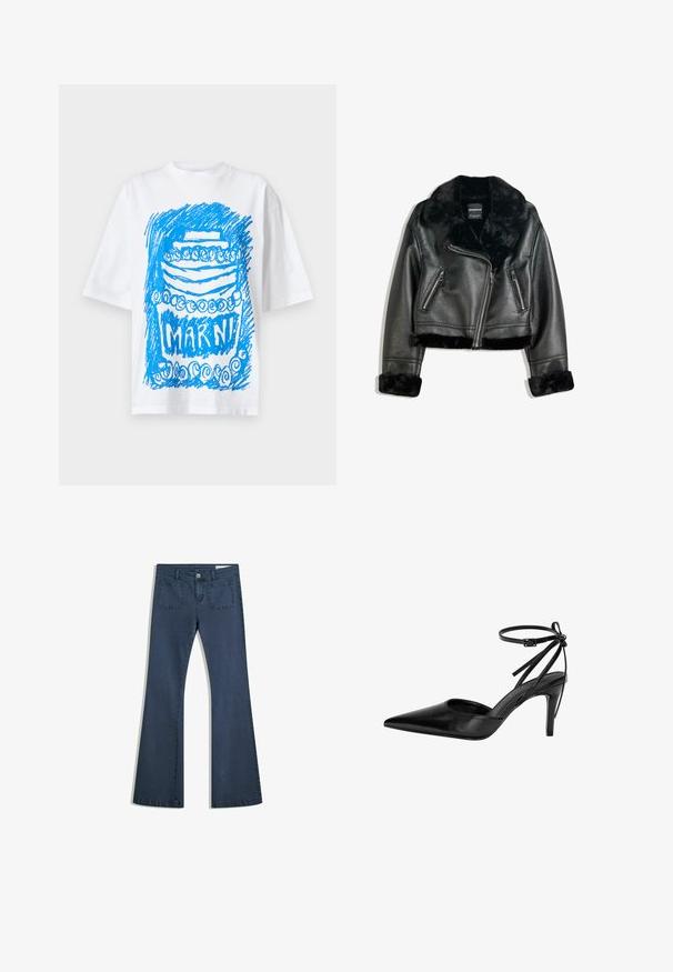 Sort faux læder bikerjakke med plyskrave, manchetter og bund, med diagonalt lynlås og to lynlåslommer foran.; Hvid kortærmet t-shirt med et blåt mønstret kagegrafik og teksten "MARNI" i fed skrift nedenfor.; Mørkeblå, udvidede denimjeans med syede lommer, knaplukning og en glat tekstur. Har et klassisk fem-lommemønster.; Sort spidsede højhælede sko med udskæringsdesign og justerbar ankelrem. Skoen har en glat, shiny overflade og en slank hæl.
