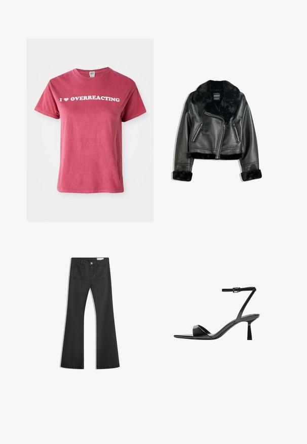 Svart bikerjacka i konstläder med mjuk pälskrage, ärmar och nederkant, med diagonal dragkedja och två fickor med dragkedja fram.; Mörkröd bomulls t-shirt med korta ärmar, med vit text som står "Jag ♥ ÖVERREAGERAR" över bröstet. Enkelt design med rundad halsringning.; Svarta utsvängda jeans i denim med en jämn textur, med två bakfickor och knäppning vid midjan.; Bershka Sandaletter - black