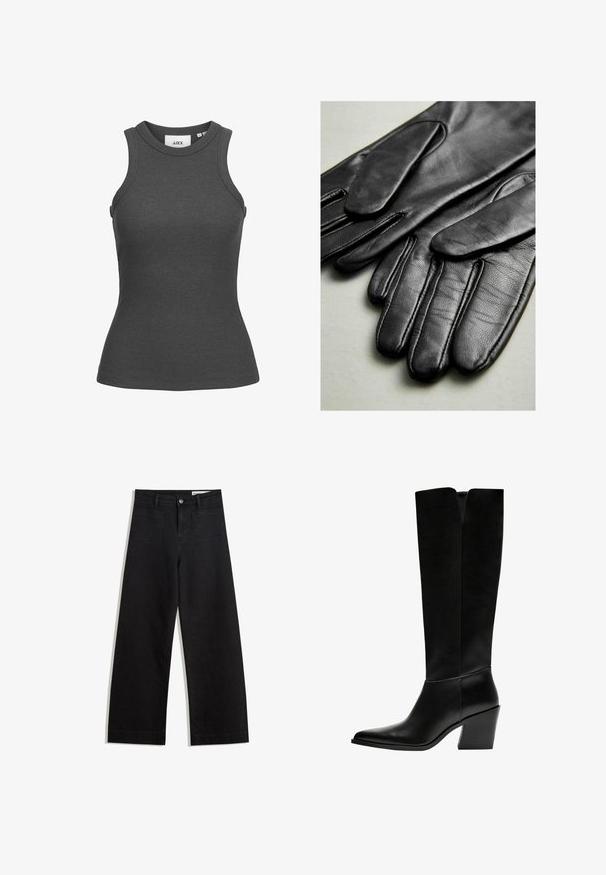 Fekete műbőr motoros dzseki bolyhos szőrme gallérral, mandzsettákkal és aljjal, átlós cipzárral és két cipzáros elülső zsebbel.; Sötétszürke bordázott trikó magas nyakkal és ujjatlan kialakítással, testhezálló sziluettel és puha anyagtextúrával.; Fekete, bő szabású farmernadrág magas derékkal, elülső és hátsó zsebekkel, varrott felületekkel és gombos záródással. Sima textúra.; Fekete, térd fölé érő csizma sima bőrből, hegyes orral, tömbsarkával és V-alakú kivágással a tetején.; Fekete bőr kesztyűk sima textúrával, ujjak mentén varrott varrásokkal és testre szabott kialakítással. Puhább, kellemes anyag a kényelem érdekében.