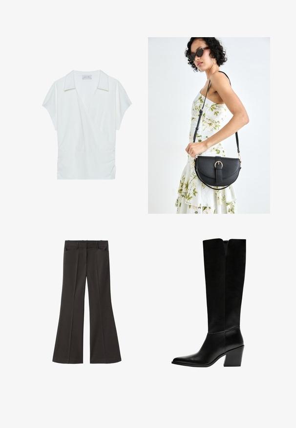 Musta keinonahkainen biker-takki, jossa on ylellinen turkiskaulus, hihansuut ja helma. Takissa on viisto vetoketju ja kaksi vetoketjullista etutaskua.; Valkoinen kauluspaita, joka on valmistettu sileästä kankaasta. Siinä on lyhyet hihat ja kootut yksityiskohdat vyötäröllä, mikä luo rentoa istuvuutta.; Mustat vyötäröltä korkealla loistavat housut; niissä on kaksi etutaskua ja sileä kangaspinta. Sopii eri tilaisuuksiin.; Mustat polvimittaiset saappaat, jotka on valmistettu sileästä nahasta. Saappaissa on terävä kärki, tukevat korko ja V-muotoinen leikkaus ylhäällä.; Musta nahkainen käsilaukku, joka on kaareva muotoilultaan, irrotettavalla hihnalla ja kultaisilla yksityiskohdilla. Laukussa on läppä, jossa on solk yksityiskohta.