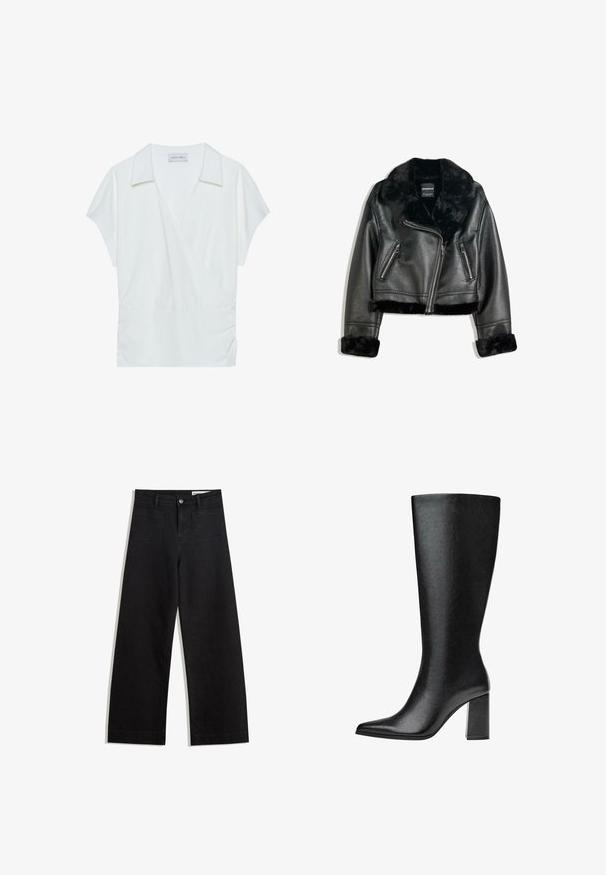 Čierna koženka biker bunda s plyšovým golierom, manžetami a lemom, s diagonálnym zipsom a dvoma zipsovými prednými vreckami.; Biela blúzka s rolákovým výstrihom vyrobená z hladkého materiálu, s krátkymi rukávmi a zhrnutím v oblasti pásu pre uvoľnený strih.; Čierne denimové nohavice s širokými nohavicami a vysokým pásom, so prednými a zadnými vreckami, šitými švami a zapínaním na gombík. Hladká textúra.; Čierne vysoké čižmy po kolená vyrobené z umelej kože, s špicatou špičkou, hladkým povrchom a robustným blokovým podpätkom. Minimalistický design bez viditeľných akcentov.