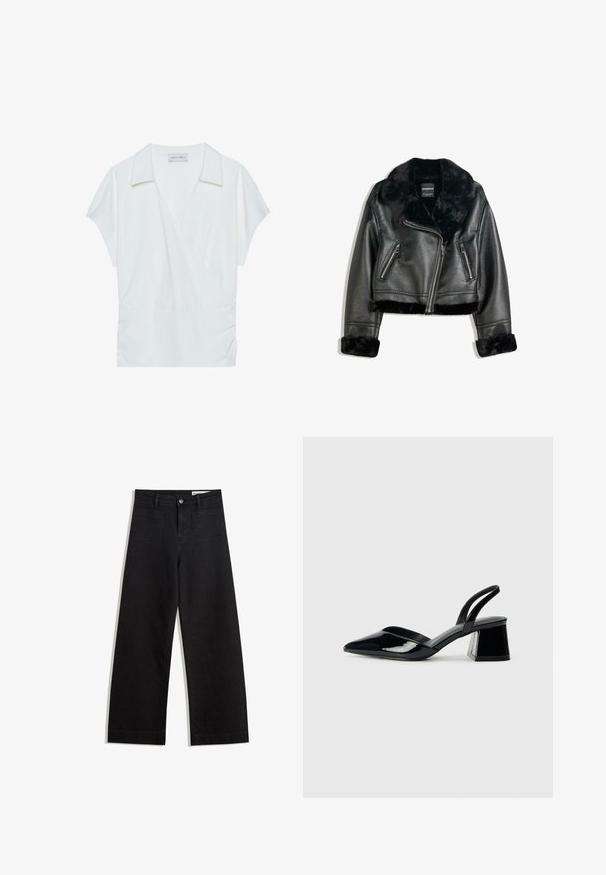 Černá faux kožená motocyklová bunda s plyšovým límcem, manžetami a spodním lemem, s šikmým zipem a dvěma zipovými předními kapsami.; Bílá blůza s límcem z hladkého materiálu, s krátkými rukávy a nařasením v pase pro uvolněný střih.; Černé denimové kalhoty s volným střihem a vysokým pasem, vybavené předními a zadními kapsami, prošívanými švy a knoflíkovým zapínáním. Hladká textura.; Černé lakované kožené lodičky na pásku s špičatou špičkou a geometrickým blokovým podpatkem. Vyznačují se elegantním, minimalistickým designem a hladkým povrchem.