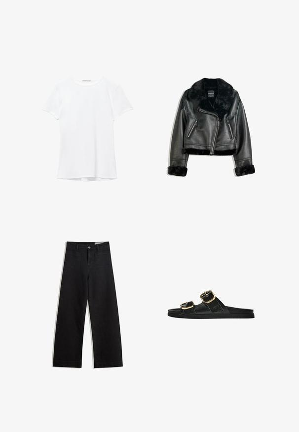 Černá faux kožená motocyklová bunda s plyšovým límcem, manžetami a spodním lemem, s šikmým zipem a dvěma zipovými předními kapsami.; Bílý krátký rukáv tričko vyrobené z hladkého materiálu, s kulatým výstřihem a jemnými švy na lemu.; Černé denimové kalhoty s volným střihem a vysokým pasem, vybavené předními a zadními kapsami, prošívanými švy a knoflíkovým zapínáním. Hladká textura.; Černé kluzné sandály s dvěma zlatými sponami, hladkým texturovaným materiálem, plochou podrážkou a minimalistickým designem.