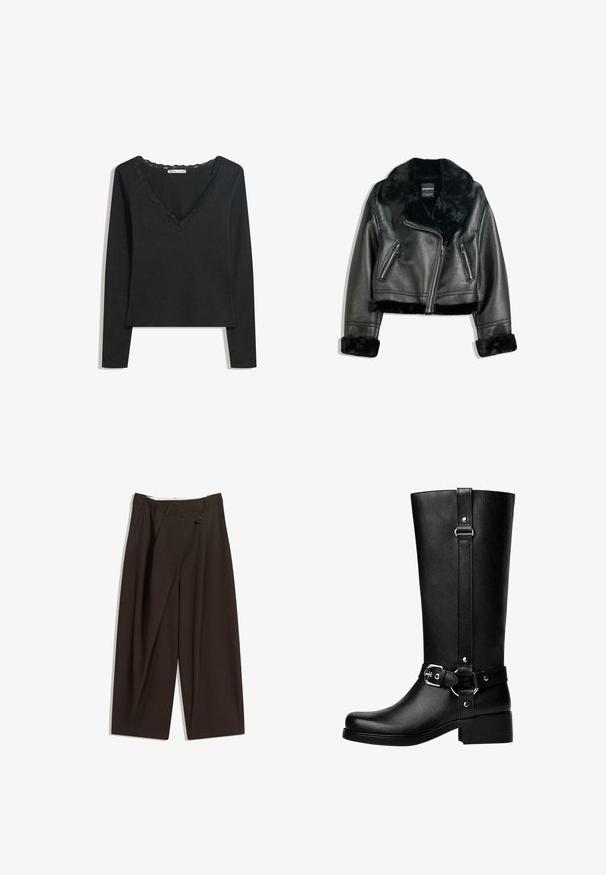 Schwarze Kunstleder-Bikerjacke mit plüschigem Fellkragen, -manschetten und -saum, diagonalem Reißverschluss und zwei Reißverschlusstaschen vorne.; Schwarzes Langarmoberteil aus weichem Stoff. Mit tiefem V-Ausschnitt und gewelltem Spitzenbesatz sowie einer taillierten Silhouette. Keine sichtbaren Muster.; Dunkelbraune, weite Hosen mit hohem Bund, die über einen einzigen Knopfverschluss und eine gefaltete Vorderseite verfügen. Hergestellt aus leichtem Stoff.; Hohe schwarze Kunstlederstiefel mit einer abgerundeten Zehe, einem Akzentgürtel-Schnallen-Detail und einem stabilen Absatz. Glatte Textur und vertikale Naht am Schaft.