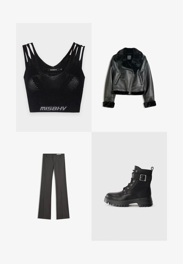 Sort faux læder bikerjakke med plyskrave, manchetter og bund, med diagonalt lynlås og to lynlåslommer foran.; Sort crop top med mesh-struktur, udstyret med brede stropper og et logo-bånd i bunden. Designet med en U-formet udskæring og tætsiddende silhuet.; Grå flagrende bukser i et glat stof, med flad front, bæltestropper og en skræddersyet design med rene linjer.; Sort læder militærstøvle med tyk gummisål, snørelukning foran, ankelrem med sølvspænde og trækflap bagpå.