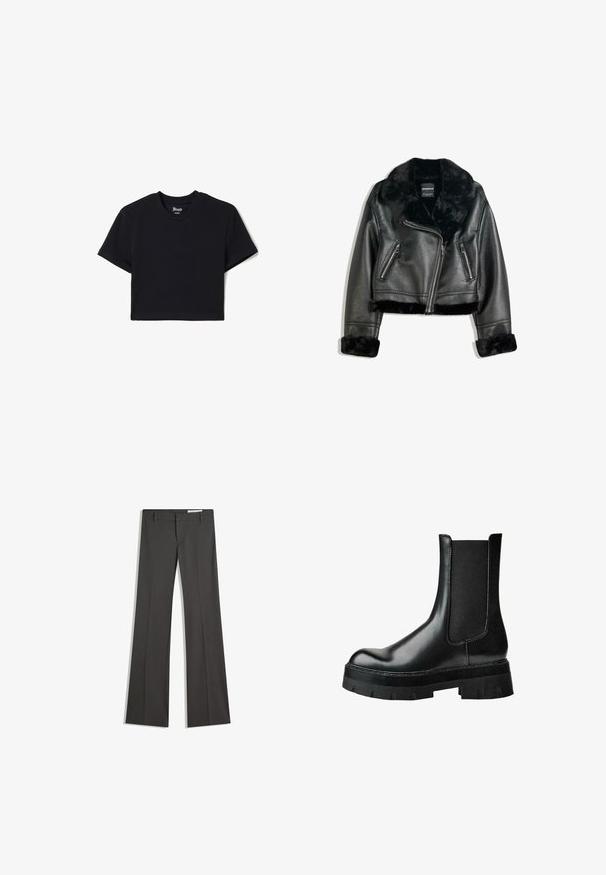 Giacca da motociclista in finta pelle nera con colletto, polsini e bordo in pelliccia morbida, caratterizzata da una zip diagonale e due tasche frontali con zip.; Maglietta nera corta in cotone, con maniche corte e scollatura rotonda. Logo centrato stampato in bianco sul davanti.; Pantaloni grigi a campana in un tessuto morbido, con vita piatta, passanti per la cintura e un design su misura con linee pulite.; Stivaletto alla caviglia in pelle nera con pannello elastico laterale, punta tonda, suola piattaforma spessa e tomaia strutturata per una maggiore aderenza.