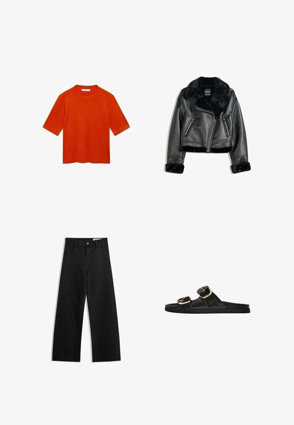 Giacca da motociclista in finta pelle nera con colletto, polsini e bordo in pelliccia morbida, caratterizzata da una zip diagonale e due tasche frontali con zip.; T-shirt arancione a maniche corte realizzato in tessuto morbido, con collo rotondo e vestibilità rilassata, orlo dritto e senza motivi visibili.; Pantaloni in denim neri a gamba larga con vita alta, dotati di tasche anteriori e posteriori, cuciture a punto, e chiusura con bottone. Texture liscia.; Infradito neri con due accenti di fibbia dorata, materiale dalla texture liscia, suola piatta e design minimalista.