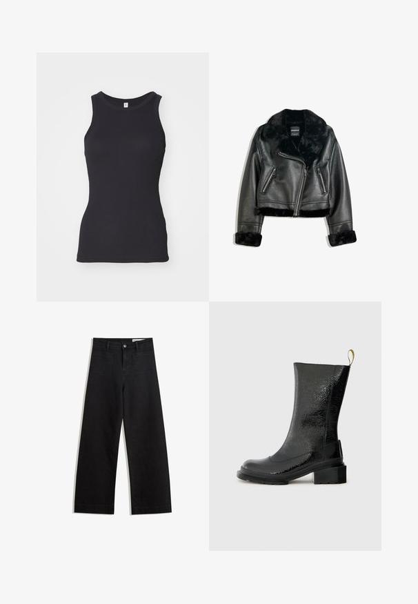 Jachetă de motociclist din piele ecologică neagră, cu guler, mansete și tiv din blană pufoasă, având fermoar diagonal și două buzunare frontale cu fermoar.; Top fără mâneci, de culoare neagră, cu decolteu rotund. Confectionat dintr-un material de bumbac moale, are o siluetă ajustată și o textură netedă.; Pantaloni din denim negri cu picioare largi, cu talie înaltă, având buzunare frontale și posterioare, cusături dublate și închidere cu nasture. Textură netedă.; Cizmă neagră până la gleznă, fabricată dintr-un material lucios și texturat. Are un toc masiv și un tab pentru a fi ușor de încălțat.