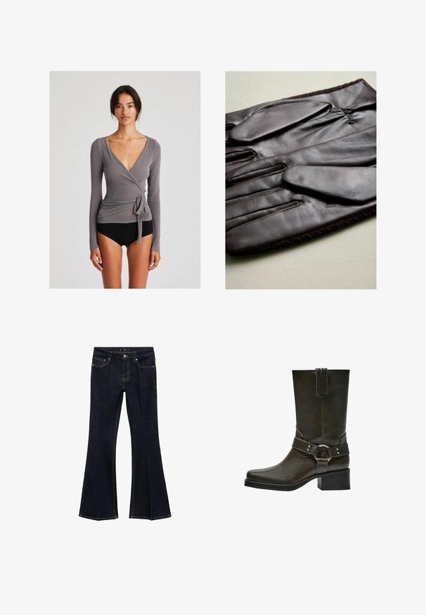 Musta keinonahkainen biker-takki, jossa on ylellinen turkiskaulus, hihansuut ja helma. Takissa on viisto vetoketju ja kaksi vetoketjullista etutaskua.; GAI+LISVA ANNE WRAP - Pitkähihainen paita - dark gull grey; Tummansinisiä farkkuhousuja, joissa on korkea vyötärö, etutaskut ja leveät lahkeet, esiteltynä litteänä valkoista taustaa vasten.; Ruskea nahkainen nilkkabootsi, jossa on neliön muotoinen kärki, lyhyt lohkokanta ja koristeellinen soljivöi hopeisilla yksityiskohdilla. Sileä pinta, yksinkertainen muotoilu.; Ruske nahkane rokavice gladke teksture, s petimi prsti, elastičnim zapestjem in dekorativnim šivom ob robu.