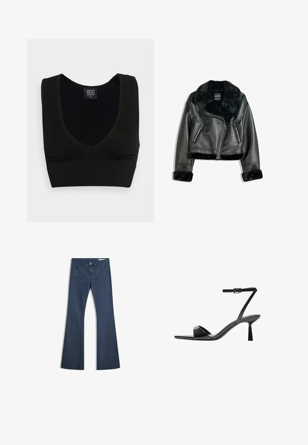 Černá faux kožená motocyklová bunda s plyšovým límcem, manžetami a spodním lemem, s šikmým zipem a dvěma zipovými předními kapsami.; Černý žebrovaný crop top s širokými ramínky a hlubokým výstřihem do V. Nálepka uvádí "BDG," velikost malá, s hladkou texturou a přiléhavým střihem.; Tmavě modré rozšířené džíny z denimu s prošitými kapsami, zapínáním na knoflík a hladkým povrchem. Obsahují klasický design s pěti kapsami.; Bershka Sandály na vysokém podpatku - black