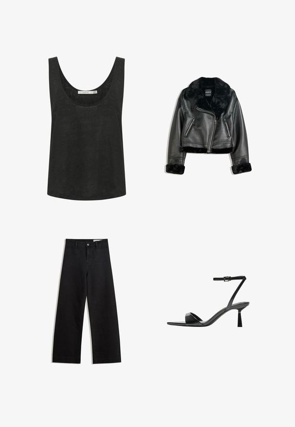 Giacca da motociclista in finta pelle nera con colletto, polsini e bordo in pelliccia morbida, caratterizzata da una zip diagonale e due tasche frontali con zip.; Top senza maniche nero realizzato in un tessuto leggero e texturizzato. Presenta un collo arrotondato e una vestibilità comoda. Nessun motivo o accento visibile.; Pantaloni in denim neri a gamba larga con vita alta, dotati di tasche anteriori e posteriori, cuciture a punto, e chiusura con bottone. Texture liscia.; Bershka Sandali con tacco - black