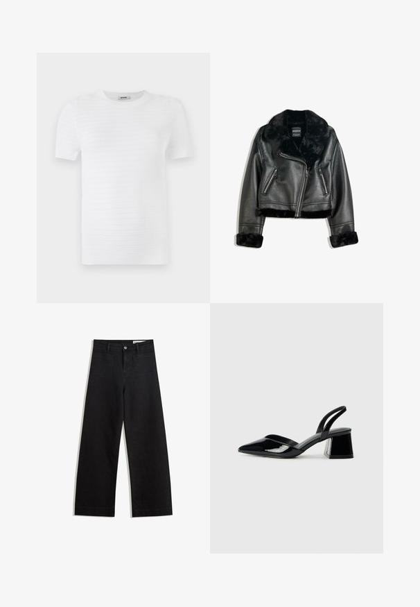 Zwarte neplederen motorjack met een pluizige hals, manchetten en zoom, voorzien van een diagonale rits en twee ritszakken aan de voorkant.; Witte short-sleeve t-shirt gemaakt van gestructureerde stof met een geribd patroon. Het ontwerp heeft een ronde halslijn en een rechte pasvorm.; Zwarte denim broek met wijde pijpen en een hoge taille, voorzien van voor- en achterzakken, gestikte naden en een knoopsluiting. Gladde textuur.; Zwarte gepatineerde leren slingback hakken met een spitse neus en een geometrische blokhak. Kenmerkt zich door een slank, minimalistisch ontwerp en een gladde textuur.