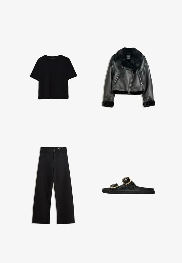 Schwarze Kunstleder-Bikerjacke mit plüschigem Fellkragen, -manschetten und -saum, diagonalem Reißverschluss und zwei Reißverschlusstaschen vorne.; Schwarzes, kurzärmeliges, bauchfreies T-Shirt mit rundem Halsausschnitt und einfachem Design, flach auf weißem Hintergrund liegend.; Schwarze weit geschnittene Jeans mit hoher Taille, ausgestattet mit Vorder- und Hintertaschen, gesteppten Nähten und einem Knopfverschluss. Glatte Textur.; Schwarze Riemensandale mit zwei goldenen Schnallendetails, glattem Material, flachem Sohlen und minimalistischer Gestaltung.