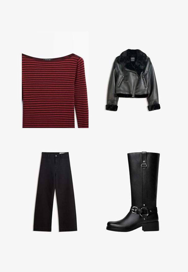 Black faux leather biker jacket with plush fur collar, cuffs, and hem, featuring diagonal zipper and two zippered front pockets.; Red and dark burgundy striped long-sleeve top with a wide, shallow neckline and ribbed texture. Label reads "Massimo Dutti."; Black wide-leg denim pants with a high waist, featuring front and back pockets, stitched seams, and a button closure. Smooth texture.; Tall black faux leather boots with a rounded toe, accent belt buckle detail, and a chunky heel. Smooth texture and vertical seam on the shaft.