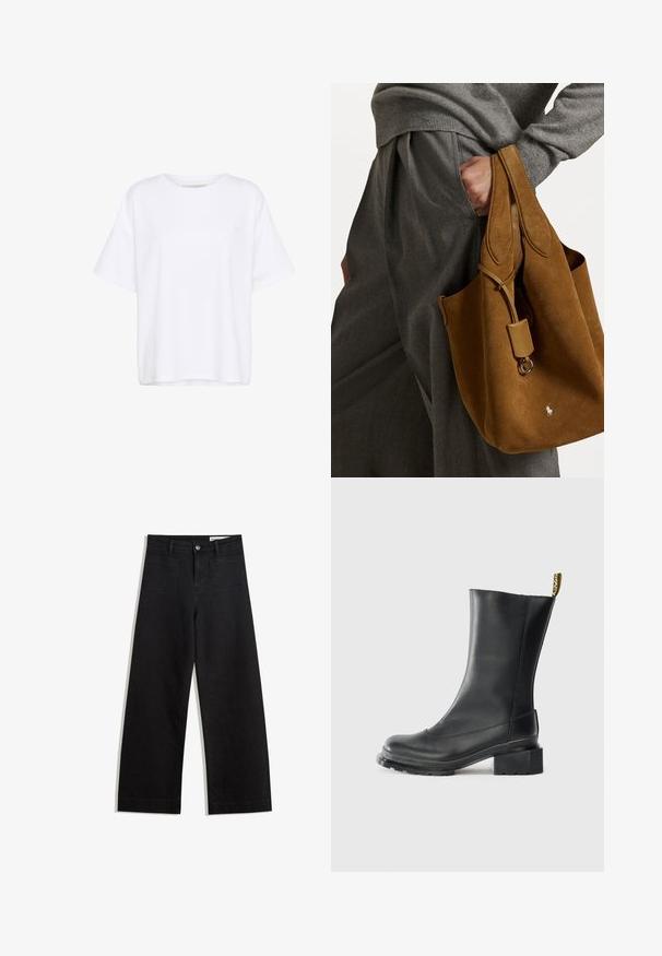 Black faux leather biker jacket with plush fur collar, cuffs, and hem, featuring diagonal zipper and two zippered front pockets.; White cotton T-shirt with a relaxed fit, round neck, and short sleeves. Features a small logo on the front left side. Smooth texture.; Black wide-leg denim pants with a high waist, featuring front and back pockets, stitched seams, and a button closure. Smooth texture.; Black leather ankle boot with a block heel, smooth texture, rounded toe, and a heel tab featuring yellow branding.; Brown suede tote bag with rounded shape, dual handles, and a metal hardware accent. Features a small logo on the front.