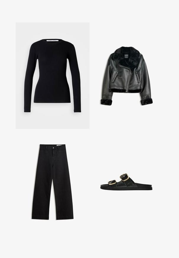 Črna umetna usnjena kratka jakna za motoriste s puhasto krzneno ovratnico, zapestji in robom, z diagonalnim zadrgo in dvema zadrgo zaprtima sprednjima žepoma.; Črna dolga majica z dolgimi rokavi, narejena iz rebraste tkanine. Ima okroglo ovratnico in pristen kroj. Brez vzorcev ali okrasnih elementov. Preprost dizajn.; Črne široke denim hlače z visokim pasom, ki imajo sprednje in zadnje žepe, šivane šive ter gumbasto zapiranje. Gladka tekstura.; Črne drsne sandale z dvema zlatima zaponkama, gladkega materiala, ravnim podplatom in minimalističnim dizajnom.