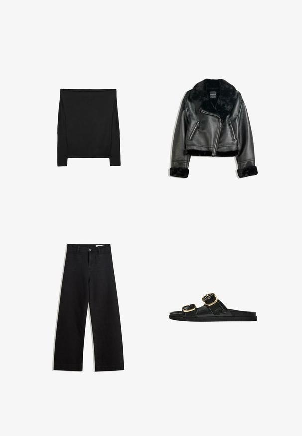 Zwarte neplederen motorjack met een pluizige hals, manchetten en zoom, voorzien van een diagonale rits en twee ritszakken aan de voorkant.; Zwarte longsleeve top met een relaxte pasvorm, gemaakt van zachte stof. Heeft een off-shoulder ontwerp en zijsplitten voor meer bewegingsvrijheid.; Zwarte denim broek met wijde pijpen en een hoge taille, voorzien van voor- en achterzakken, gestikte naden en een knoopsluiting. Gladde textuur.; Zwarte slipper met twee gouden gesps, gladde textuur, platte zool en een minimalistisch ontwerp.