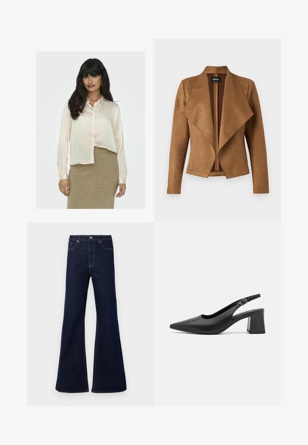 Bruine suède jas met een gedrapeerde voorkant, lange mouwen en een getailleerde pasvorm. Het heeft een brede kraag en een schone, open design.; Lange mouwen, crèmekleurige blouse van zachte stof, met een knoopsluiting aan de voorkant en een kraag, gecombineerd met een gestructureerde gouden rok.; Donkerblauwe uitlopende denim jeans met een hoge taille, voorzakken en gouden stiksels. Gladde textuur met een traditionele snit.; Zwarte leren slingback hak schoen met een puntige neus en een stevige blokhak. Beschikt over een verstelbare band met een metalen gesp.