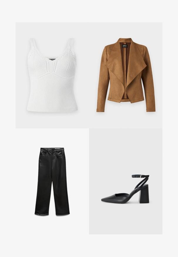 Brązowa kurtka z zamszu z drapowanym przodem, długimi rękawami i dopasowanym krojem. Posiada szeroki kołnierz oraz czysty, otwarty design.; Biały prążkowany top na ramiączkach z grubymi paskami, charakteryzujący się teksturowanym wzorem i dopasowanym krojem, zaprojektowany w celu zapewnienia ścisłego dopasowania.; Czarne, szerokie spodnie z ekoskóry z przednimi kieszeniami, szlufkami na pasek i subtelnym połyskiem. Gładka tekstura i dopasowany krój.; Czarne skórzane czółenka z ostrym noskiem, z paskiem na kostce i grubym obcasem. Gładka faktura, elegancki design i minimalistyczna estetyka.
