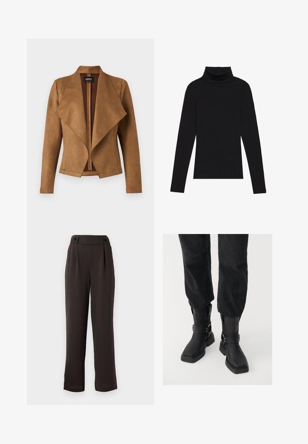 Jaqueta de camurça castanha com frente drapeada, mangas longas e um corte ajustado. Apresenta um colarinho largo e um design limpo e aberto.; Top de gola alta de manga longa, preto, feito de tecido canelado, apresenta um design justo com um decote elevado e sem padrões ou detalhes.; Calças ajustadas castanho-escuro com uma textura de tecido suave, apresentando uma cintura alta, dois pregas frontais e botões pretos decorativos na cintura.; Botas de tornozelos em couro preto com bico quadrado, apresentando uma faixa larga e detalhe em fivela metálica. As botas têm uma sola robusta e textura suave.