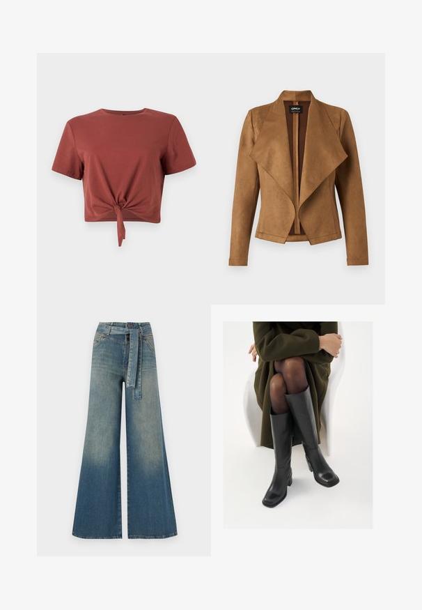 Veste en suède marron avec un devant drapé, des manches longues et une coupe ajustée. Elle se distingue par un large col et un design épuré et ouvert.; T-shirt court de couleur rouille en coton doux avec des manches courtes et un détail noué à l'avant. Texture lisse, col rond.; Pantalons en denim à jambe large présentant un dégradé de bleu clair à bleu foncé, taille haute, passants de ceinture et une ceinture en tissu assortie. Finition en denim texturé.; Bottes en cuir noires arrivant au genou, avec un bout carré et un talon carré, présentées sur un modèle assis dans un manteau vert olive. Texture lisse, détails minimaux.
