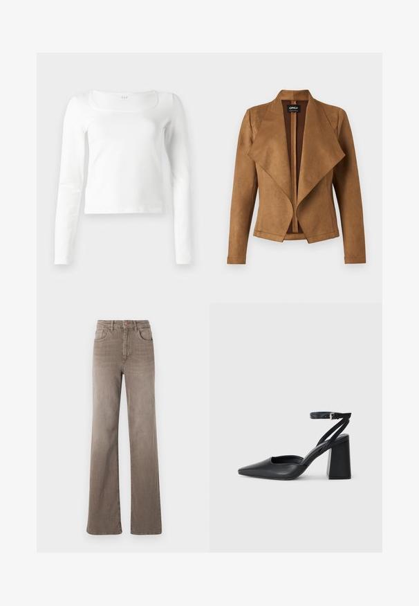 Brown suede jacket with a draped front, long sleeves, and a tailored fit. It features a wide collar and a clean, open design.; White long-sleeve fitted top with a square neckline and slightly cropped length, displayed against a white background.; Brown high-waist straight-leg jeans with front button, belt loops, and classic five-pocket design on a white background.; Black leather pointy-toe pump with an ankle strap and a chunky heel. Flat texture, sleek design, and minimalistic aesthetics.