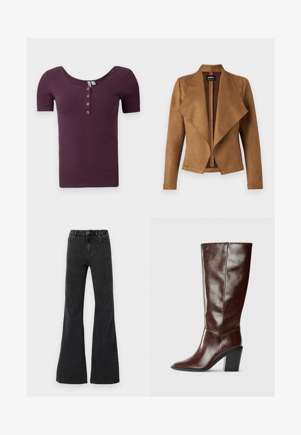 Bruine suède jas met een gedrapeerde voorkant, lange mouwen en een getailleerde pasvorm. Het heeft een brede kraag en een schone, open design.; Korte mouw, geribbelde pruimenpaarse henley shirt met ronde hals en vier zilverkleurige drukknoopjes op de voorste sluiting.; Zwarte flared jeans van denim, met een hoge taille, voorzakken en zichtbare naden. Gladde textuur met een lichte glans.; Hoge donkerbruine leren laars met een spitse neus en een gestapelde blokhak, vanuit de zijkant weergegeven op een effen achtergrond.