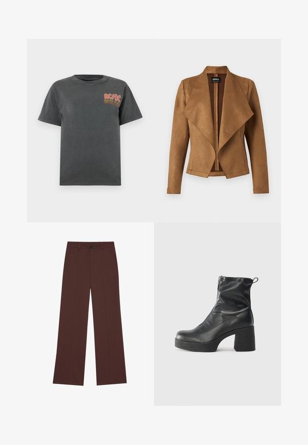 Jaqueta de camurça castanha com frente drapeada, mangas longas e um corte ajustado. Apresenta um colarinho largo e um design limpo e aberto.; T-shirt de algodão cinza escuro com gola redonda. Apresenta o logótipo e texto da AC/DC em vermelho e amarelo na área do lado esquerdo do peito. Mangas curtas, corte relaxado.; Calças largas em tecido castanho escuro. Apresentam um fecho com botão, duas bolsos frontais, textura suave e linhas limpas.; Botas de tornozelo pretas feitas de couro liso, com fecho lateral, salto grosso texturizado e design de bico arredondado.