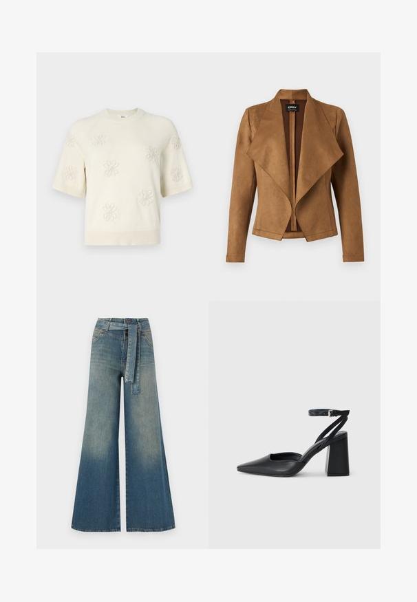 Giacca in suede marrone con un davanti drappeggiato, maniche lunghe e una vestibilità su misura. Presenta un ampio colletto e un design pulito e aperto.; Maglione corto a maniche corte con ricami floreali, scollatura rotonda e dettagli a costine su polsini e orlo. Tessuto morbido e vestibilità morbida.; Pantaloni in denim a gamba larga con una sfumatura che va dal blu chiaro al blu scuro, vita alta, passanti per cintura e una cintura in tessuto coordinato. Finitura in denim strutturato.; Pump in pelle nera con punta affusolata, cinturino alla caviglia e tacco spesso. Texture piatta, design elegante ed estetica minimalista.