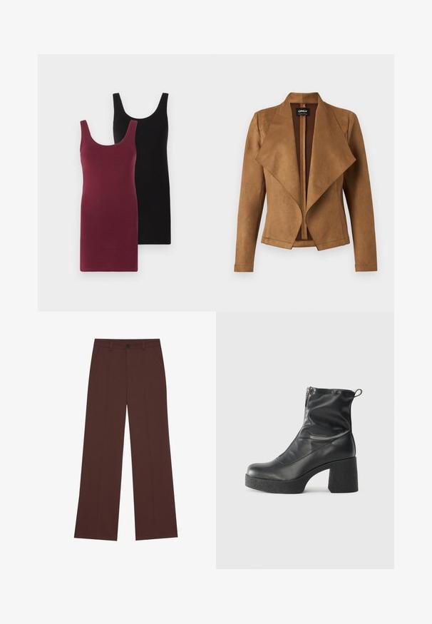 Brown suede jacket with a draped front, long sleeves, and a tailored fit. It features a wide collar and a clean, open design.; Two sleeveless dresses: one in burgundy and one in black. Made from soft, stretchy fabric with a fitted design and round neckline.; Wide-leg trousers in a rich brown fabric. Features a button closure, two front pockets, smooth texture, and clean lines.; Black ankle boots made of smooth leather, featuring a side zipper, chunky textured heel, and rounded toe design.