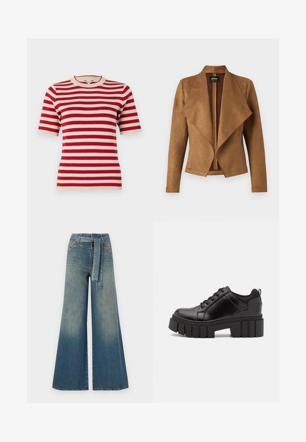 Brown suede jacket with a draped front, long sleeves, and a tailored fit. It features a wide collar and a clean, open design.; Red and cream striped short-sleeve knit t-shirt with a round neckline and ribbed texture. Evenly spaced stripes across the fabric.; Wide-leg denim trousers featuring a light to dark blue gradient, high waist, belt loops, and a matching fabric belt. Textured denim finish.; Black leather platform shoes with a chunky block heel, round toe, and traditional lace-up design. Features smooth texture and minimal detailing.