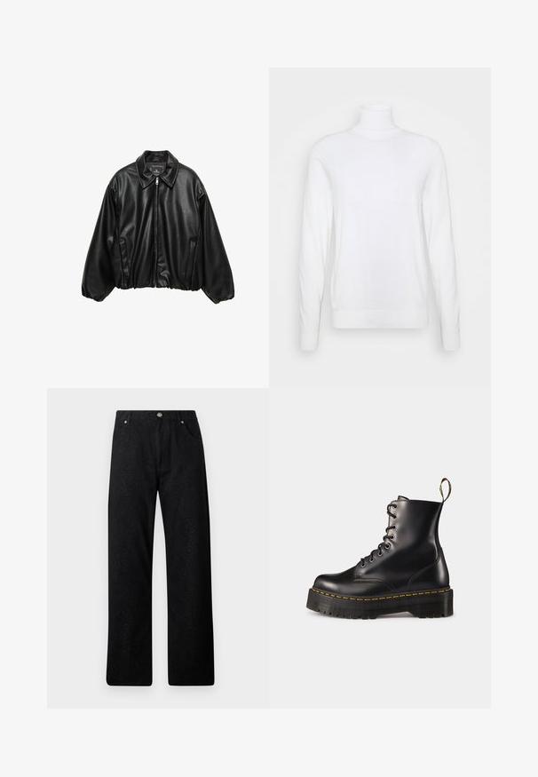 Veste bomber en cuir noir avec une finition texturée, un col, une fermeture éclair et une taille élastiquée. Elle dispose de poches latérales.; Pull à col roulé blanc avec des manches longues, fabriqué en tissu lisse. Présente un design ajusté et des poignets et un ourlet côtelés. Pas de motifs ni d'accents.; Pantalons noirs avec un motif en cuir de serpent texturé, présentant une coupe droite, deux poches avant et une fermeture par bouton en métal.; Bottes chelsea en cuir noir avec lacets, à semelle épaisse noire et couture jaune. Comprend une anse à l'arrière et des œillets en métal circulaires.