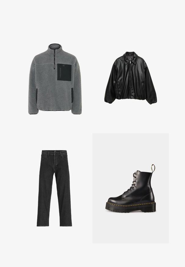 Črna usnjena pilotska jakna z teksturirano površino, ovratnikom, zadrgo in elastičnim pasom. Vsebuje stranske žepke.; Pulover iz flisa v svetlo sivi barvi z teksturirano tkanino, z zapiranjem na četrtino zadrge in črnimi žepi na prsih ter straneh.; Črne kavbojke z ravnim krojem, ki vključujejo zadrgo, paski in šest žepov, narejene iz trpežne mešanice bombaža.; Črne usnjen lace-up gležnjarje z debelim črnim podplatom in rumenim šivanjem. Imajo zanko na hrbtni strani in okrogle kovinske učke.