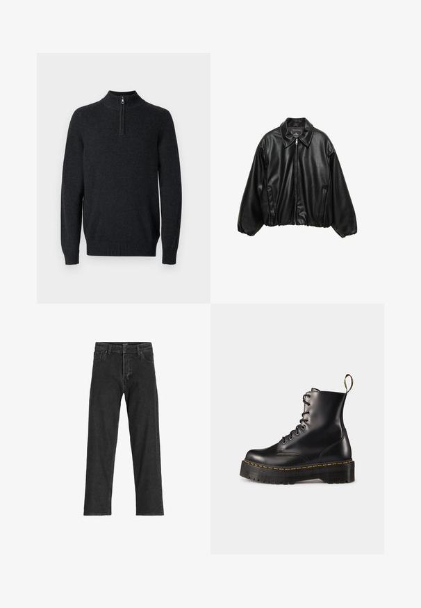 Črna usnjena pilotska jakna z teksturirano površino, ovratnikom, zadrgo in elastičnim pasom. Vsebuje stranske žepke.; Temno siva dolgi rokav pulover z visokim rebrastim ovratnikom in pol zadrgo. Ima rebraste manšete in spodnji rob za prileganje. Mehka tekstura.; Črne kavbojke z ravnim krojem, ki vključujejo zadrgo, paski in šest žepov, narejene iz trpežne mešanice bombaža.; Črne usnjen lace-up gležnjarje z debelim črnim podplatom in rumenim šivanjem. Imajo zanko na hrbtni strani in okrogle kovinske učke.
