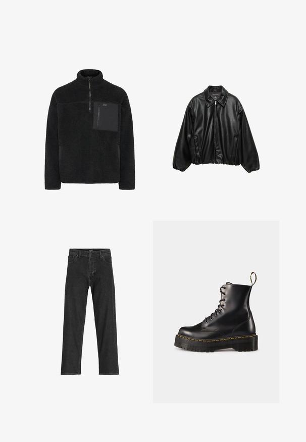 Zwarte leren bomberjack met een gestructureerde afwerking, een kraag, ritssluiting en elastische tailleband. Voorzien van zijzakken.; Zwarte fleece pullover met een hoge kraag, kwartrits aan de voorkant en een borstzak van contrasterend materiaal. Textuur met een zachte oppervlakte.; Zwarte spijkerbroek met een recht model, voorzien van een rits, riemlussen en zes zakken, gemaakt van een stevige katoenmix.; Zwarte leren veterschoenen tot de enkel met een robuuste zwarte zool en gele stiksels. Kenmerkend zijn de trekloop aan de achterkant en de ronde metalen oogjes.