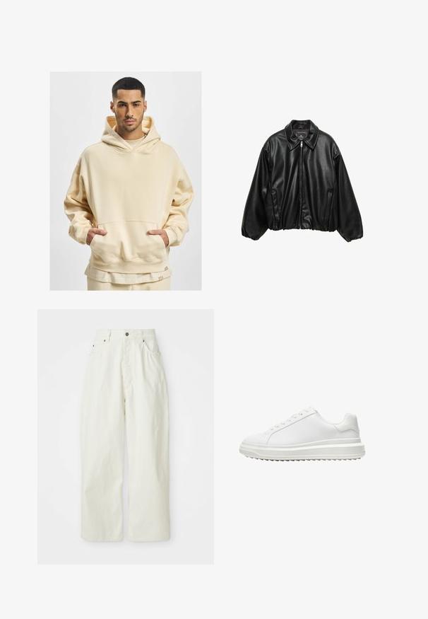 Schwarze Leder-Bomberjacke mit strukturierter Oberfläche, Kragen, Reißverschluss und elastischem Bund. Verfügt über seitliche Taschen.; Beige Übergröße Hoodie aus weichem Stoff, mit einer großen Fronttasche und einer Kapuze mit Kordelzug. Der untere Saum enthält ein Markenschild.; Weiße, weit geschnittene Baumwollhosen mit hoher Taille, fünf Taschen und Metallknopfverschluss. Glatte Textur mit minimalistischer Gestaltung.; Weißer Sneaker mit einem glatten synthetischen Obermaterial, runder Spitze, flachen Schnürsenkeln, strukturiertem Sohlen und einem geschichteten, Plattform-Design für zusätzlichen Halt.