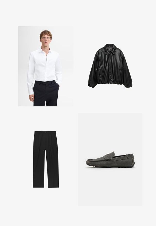 Sort læder bomberjakke med en struktureret overflade, med krave, lynlås lukning og elastisk talje. Har sidelommer.; Hvid langærmet skjorte med button-down krave og frontplacket, båret med mørke skræddersyede bukser. Glat stof, rent design.; Sorte bukser med lige ben, lavet af et glat stof. Har frontfolder og en enkelt knaplukning i taljen.; Grå ruskindsloafer med rund tå, syningdetaljer og flad gummisål. Skoen har en glat tekstur og en frontrem som accent.